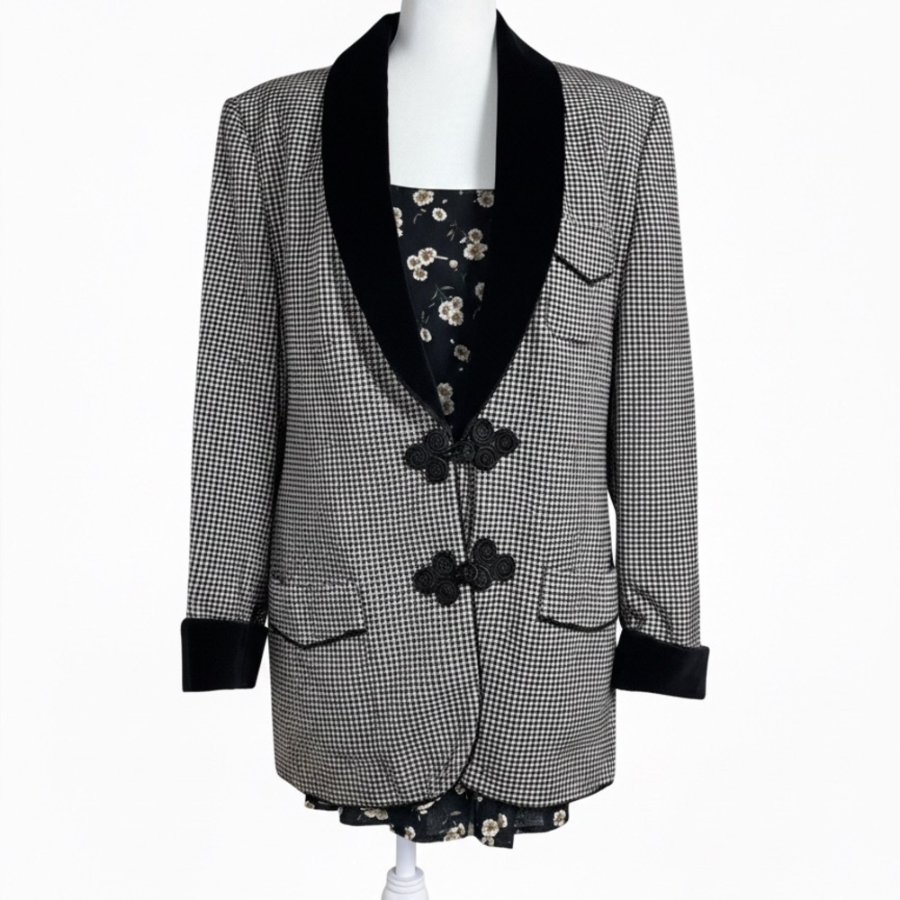 Oversize 90s Breeches Black & White Blazer Velvet Trim Size 12 - Picture 2 of 13